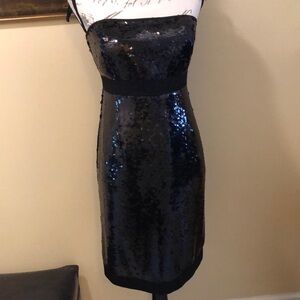 Tahari Arthur Levine black tie sequins and fabric waist & hem trim lined dress